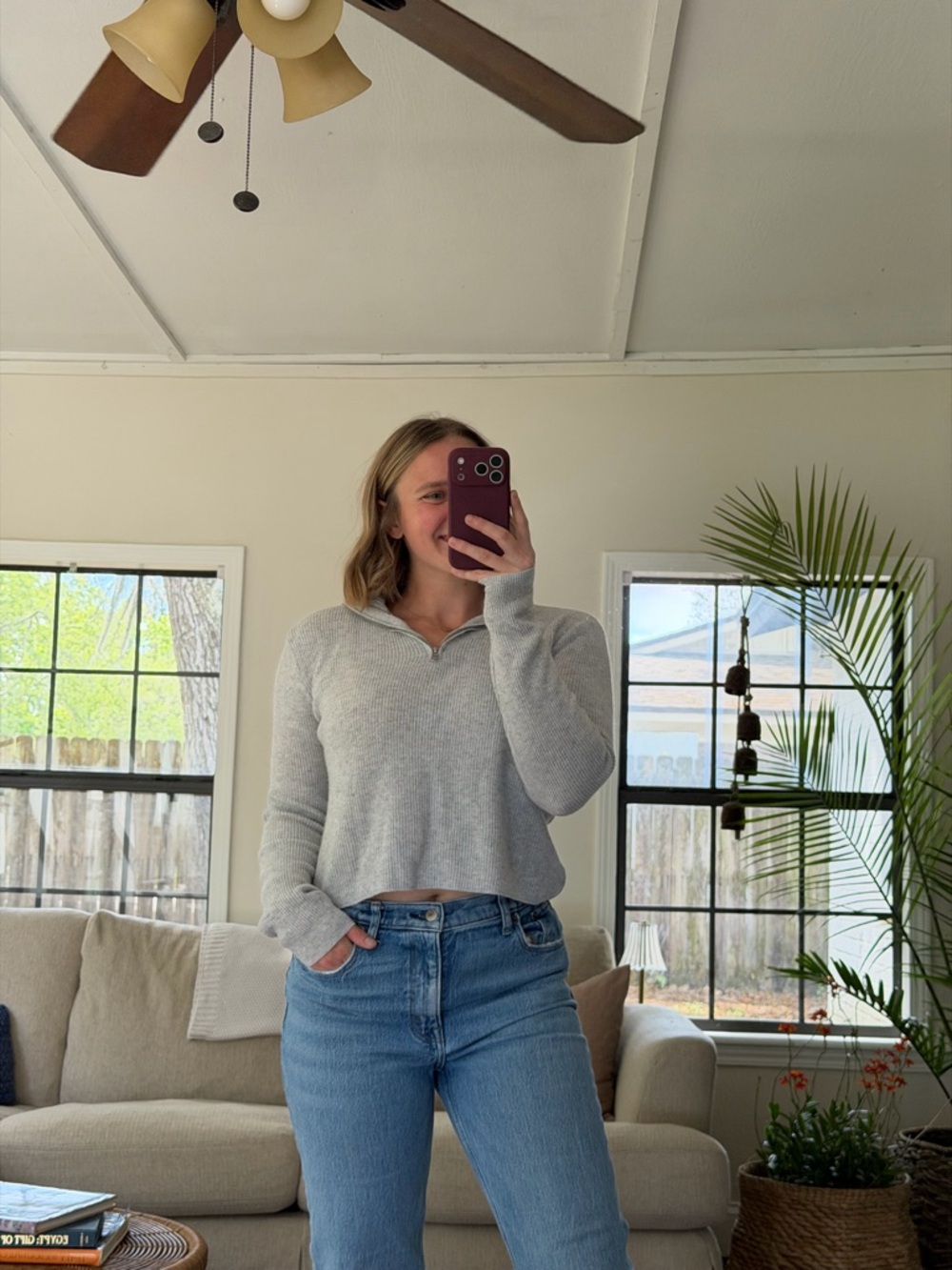 Brandy Melville Light Gray Quarter-Zip Knit Pullover